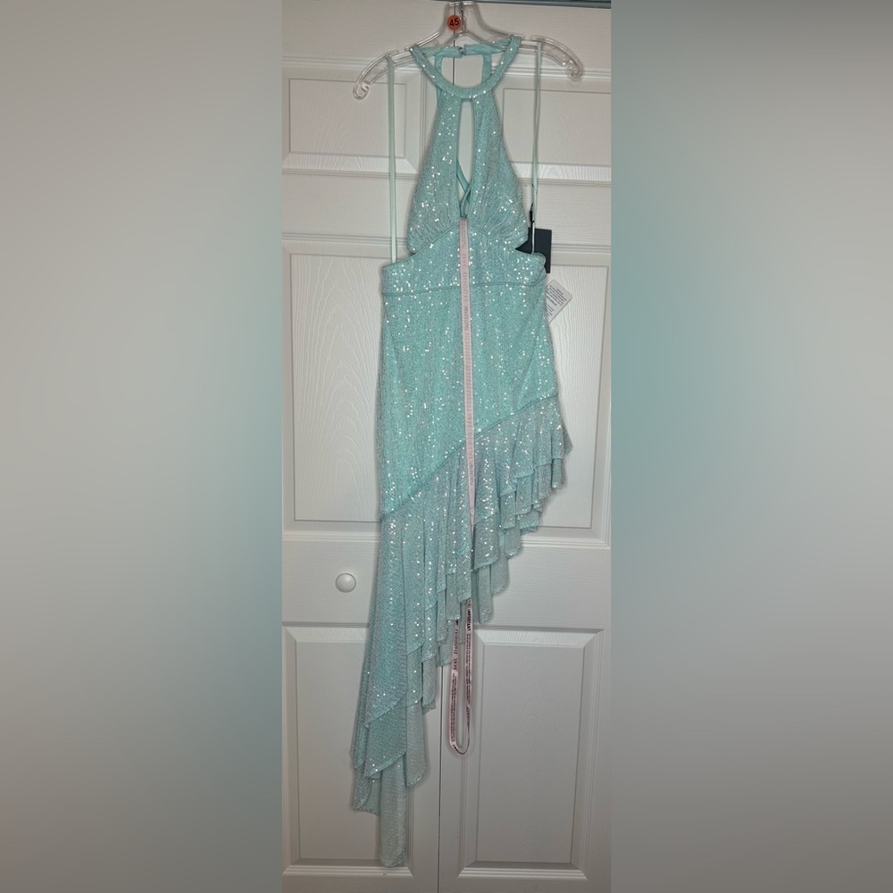 Mac Duggal NWT Blue Sequined Halter Ruffle Asymmetrical Dress Style #A11274 - Picture 3 of 12